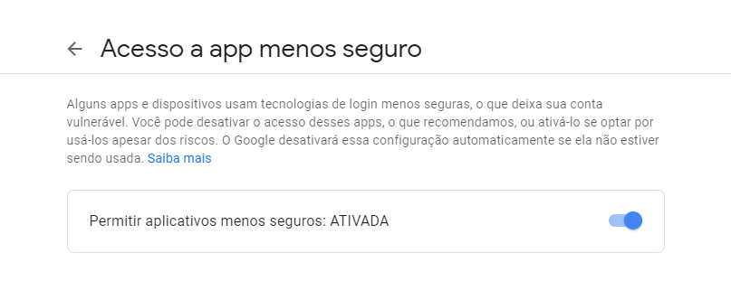 Permitir aplicativos menos seguros a utilizar a conta Google para envio de e-mails