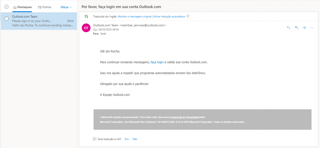 E-mail de autorização da conta Microsoft para envio de e-mails