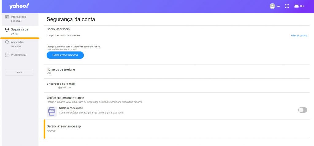página de segurança da conta Yahoo